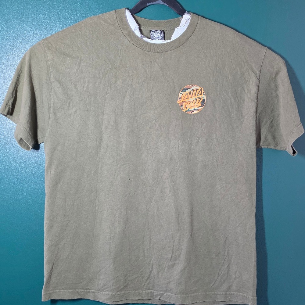 Santa Cruz Skateboards Mens T-Shirt Olive Green Camo Dot Logo XL Short Sleeve